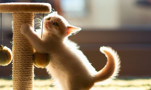 Маленький котенок точит коготки